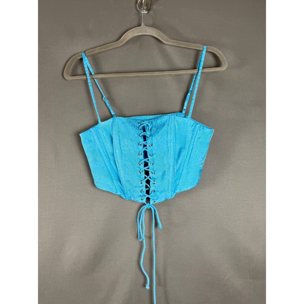 Camila Coelho Corset Top Women Size S Blue Snakeskin Lace Up Pointed Hem Bodice